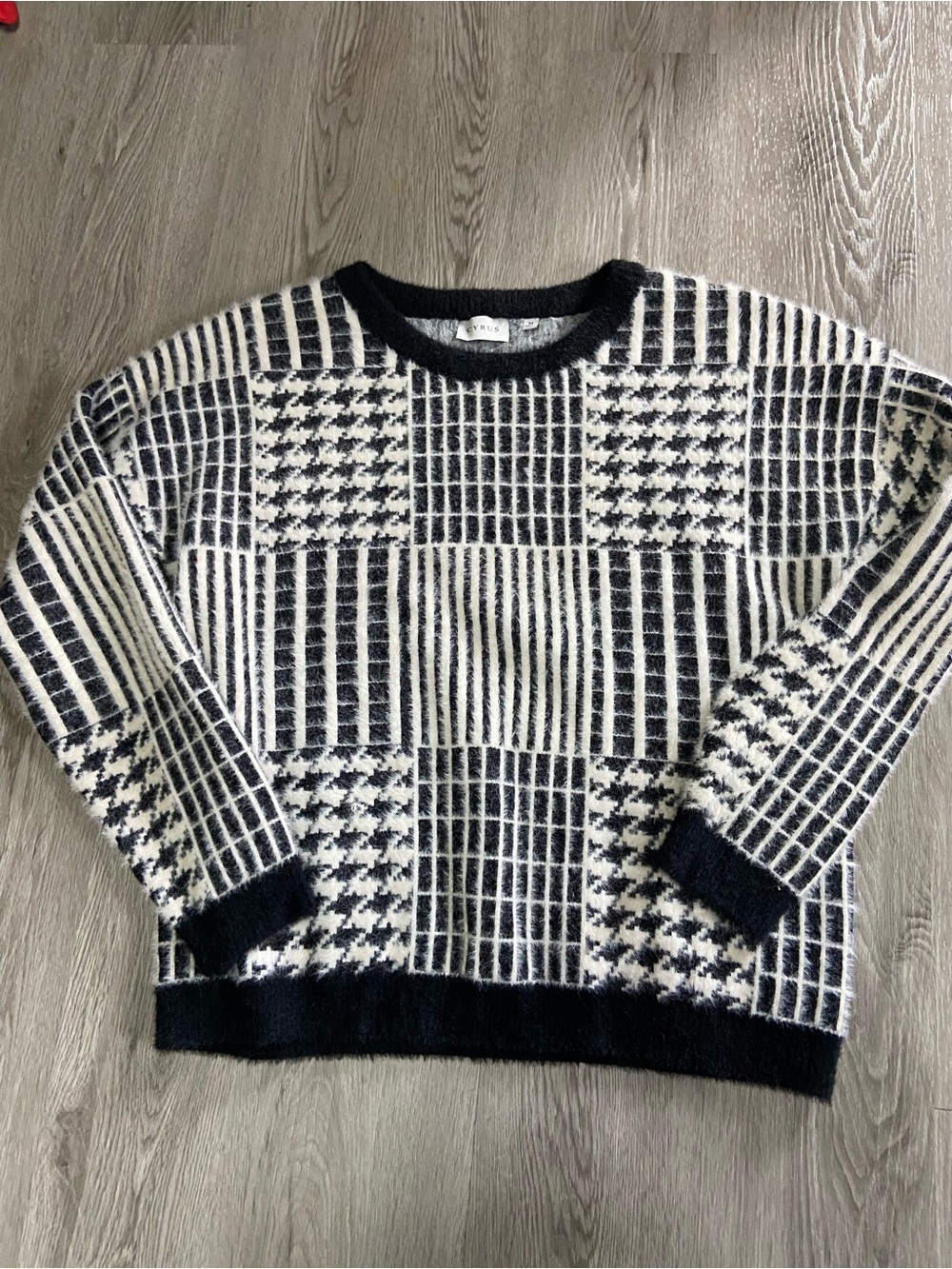 Cyrus Black & White Patchwork-Pattern Crewneck Sweater